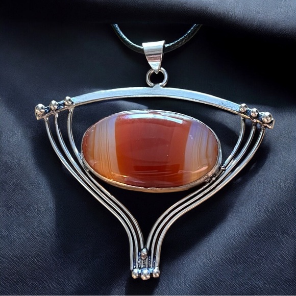 New Large Unique Orange Sardonyx Agate Silver Overlay Stone Pendant Necklace - Picture 1 of 9